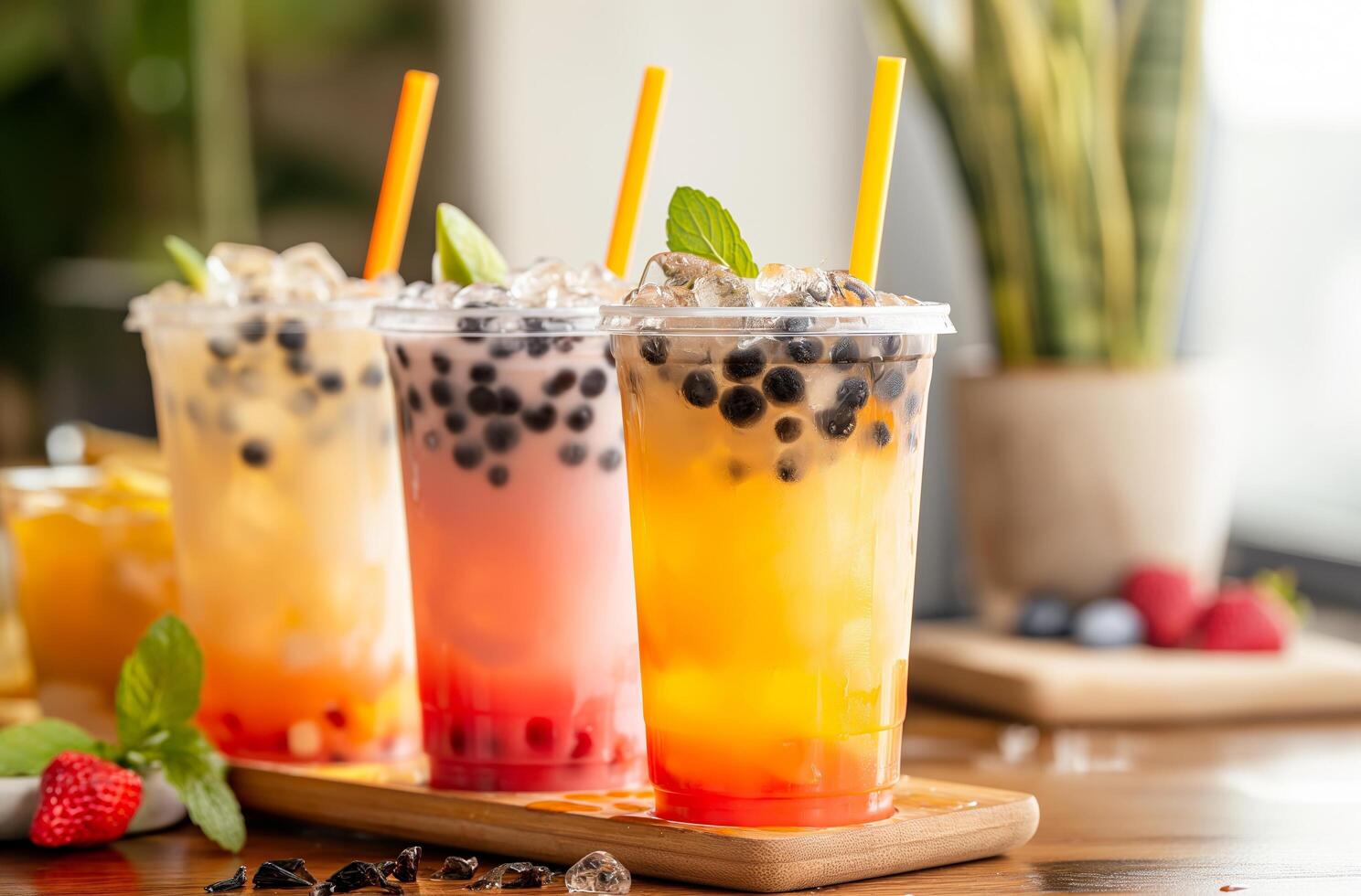 AI generated Assorted fruit bubble teas photo