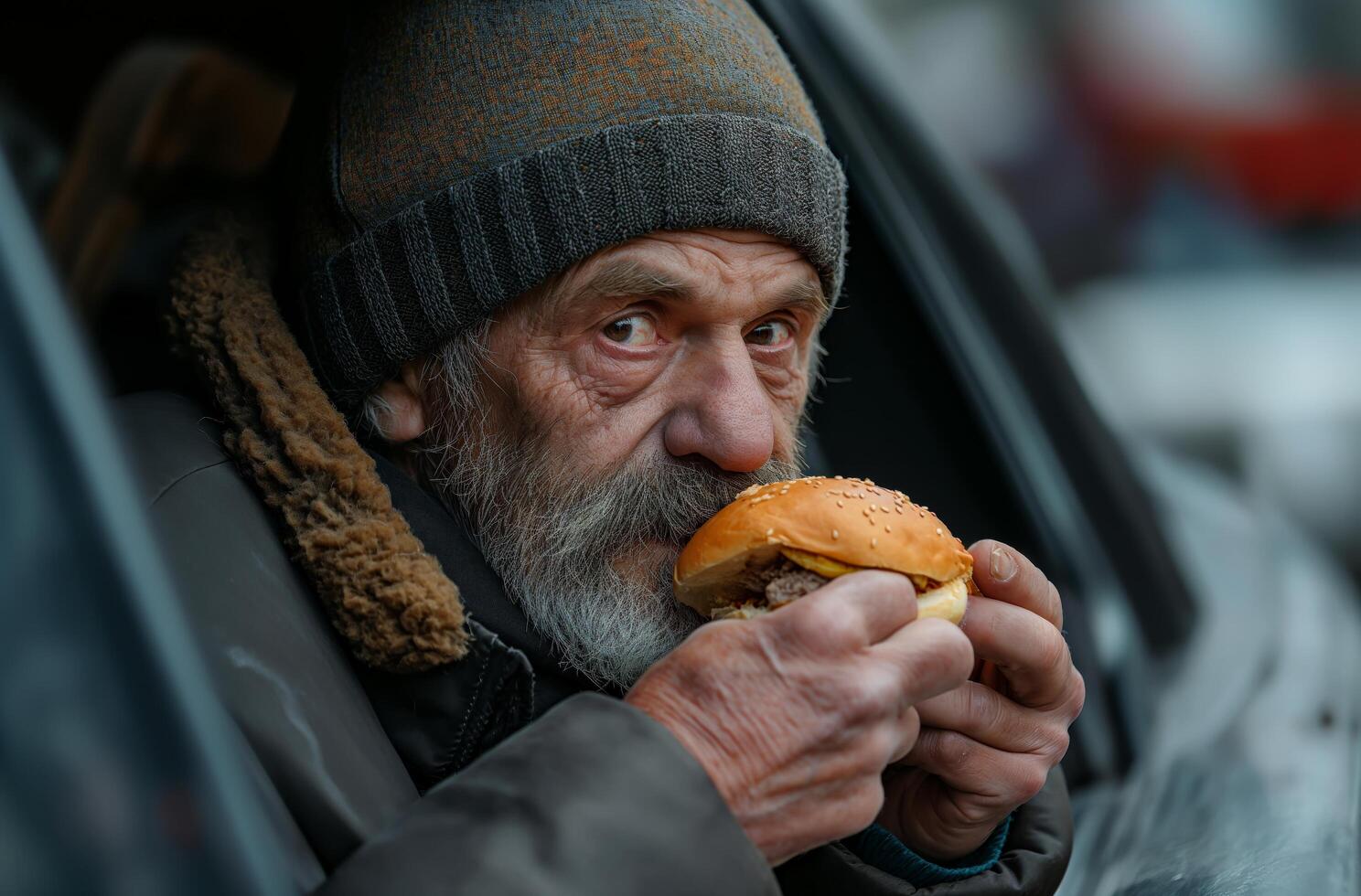 AI generated Elderly man eating burger photo