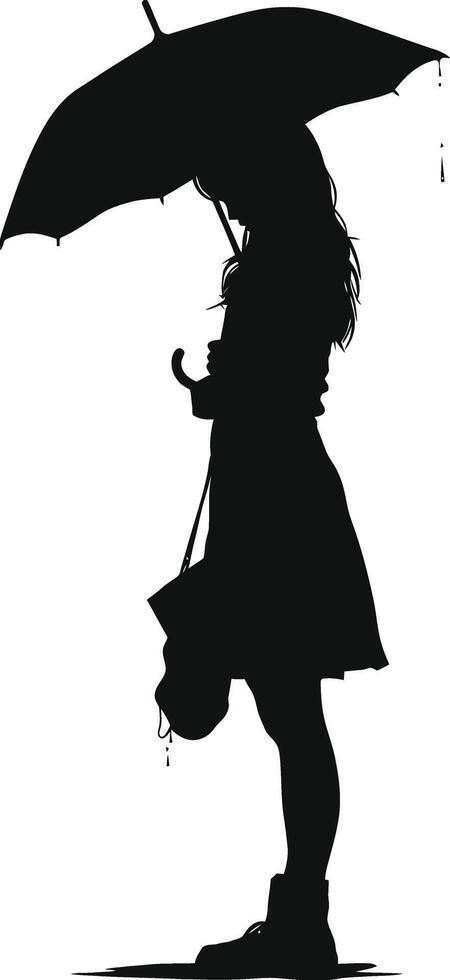 AI generated Silhouette girl with umbrella during drizzle black color only vector