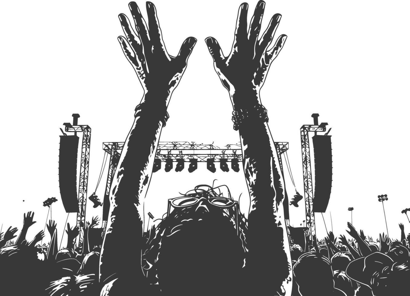 ai generado silueta manos elevado a un música festival negro color solamente vector