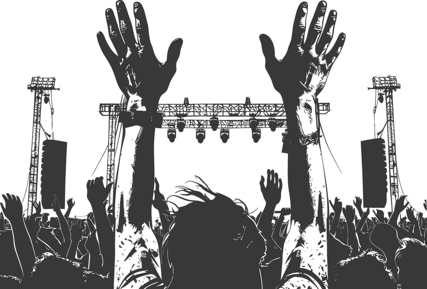 AI generated Silhouette hands raised at a music festival black color only vector