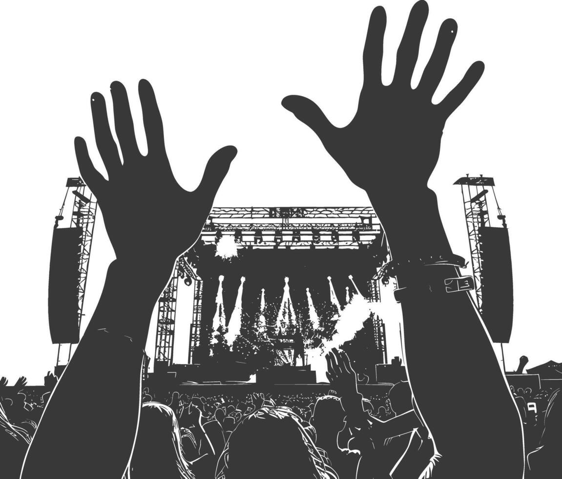 AI generated Silhouette hands raised at a music festival black color only vector