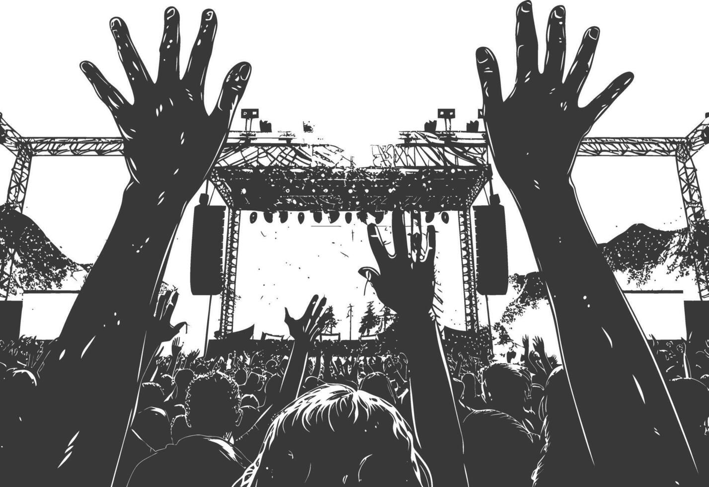 AI generated Silhouette hands raised at a music festival black color only vector