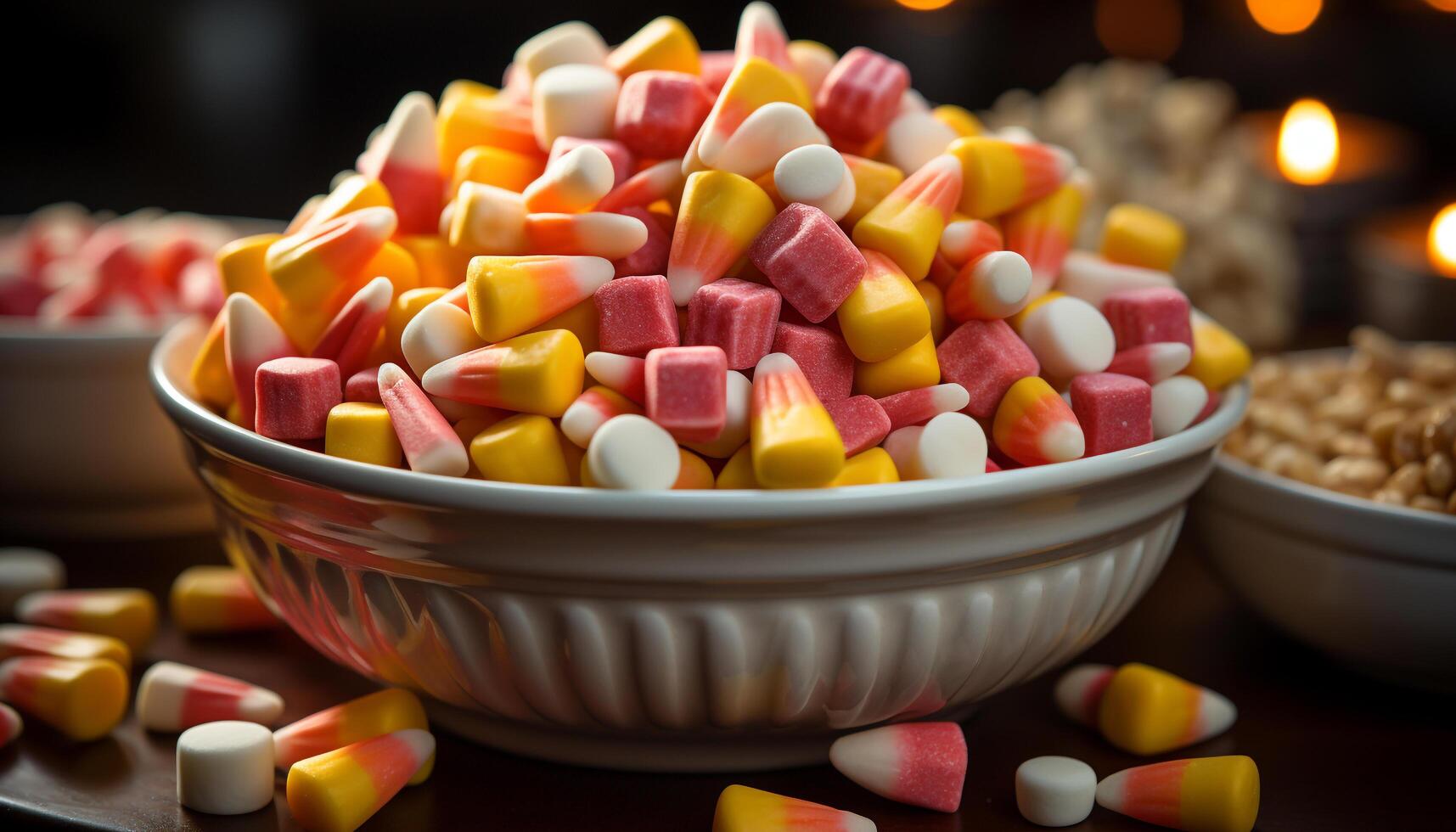 AI generated Candy corn, sweet food, bowl, pill, sugar, decoration, celebration, indulgence, colors generated by AI photo