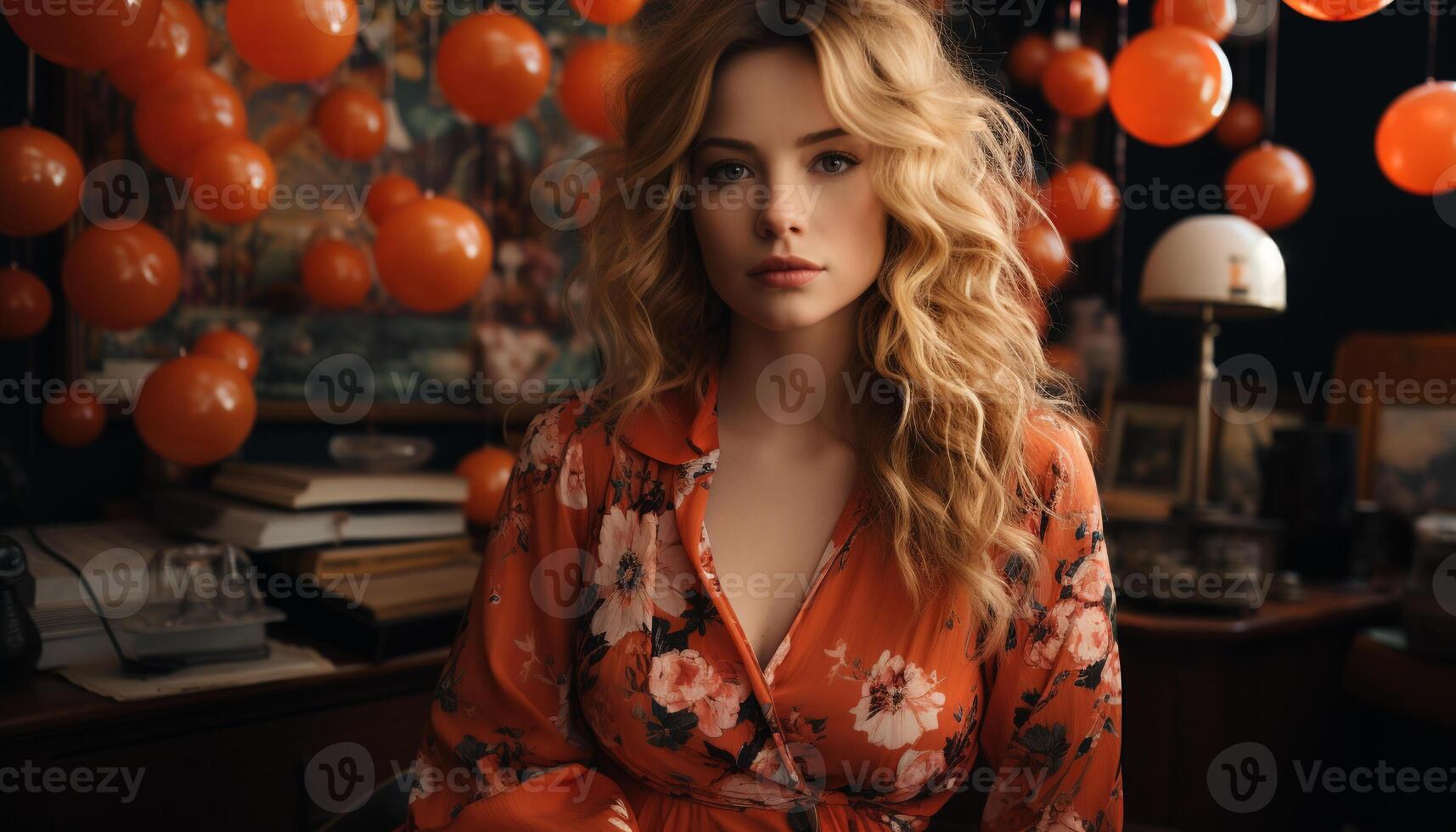 AI generated A beautiful young woman with long blond hair, looking confident generated by AI photo