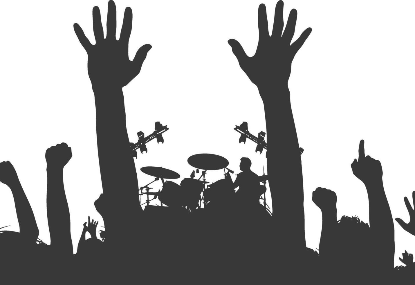 AI generated Silhouette hands raised at a music festival black color only vector