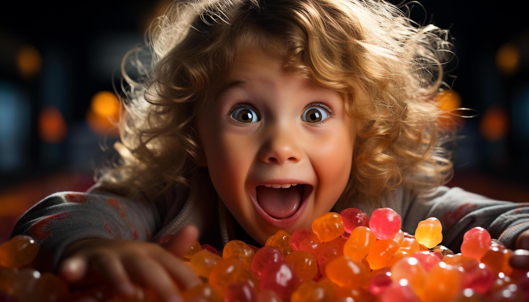 AI generated Cute child playing, smiling, looking at camera, enjoying Halloween candy generated by AI photo