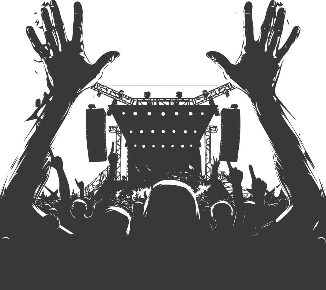 AI generated Silhouette hands raised at a music festival black color only vector