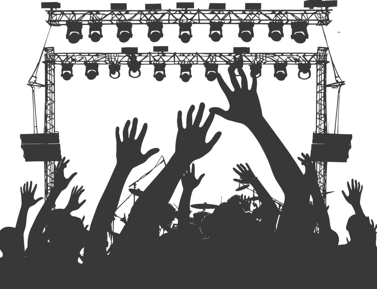 AI generated Silhouette hands raised at a music festival black color only vector