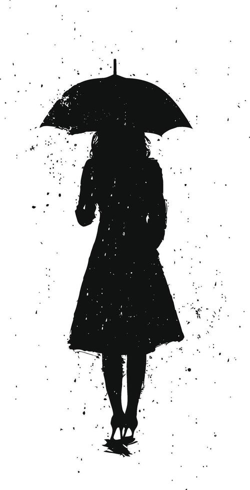 AI generated Silhouette girl with umbrella during drizzle black color only vector