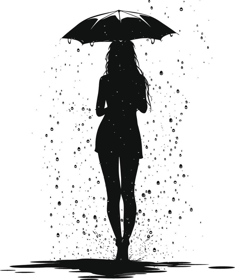 AI generated Silhouette girl with umbrella during drizzle black color only vector