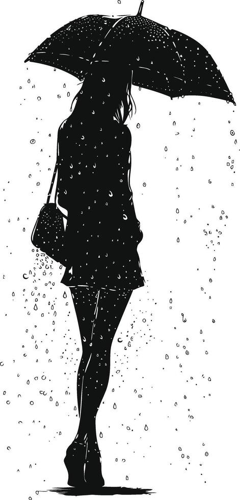 AI generated Silhouette girl with umbrella during drizzle black color only vector