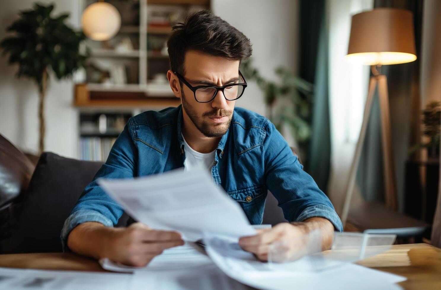 ai generado hombre revisando cuentas con preocupación foto