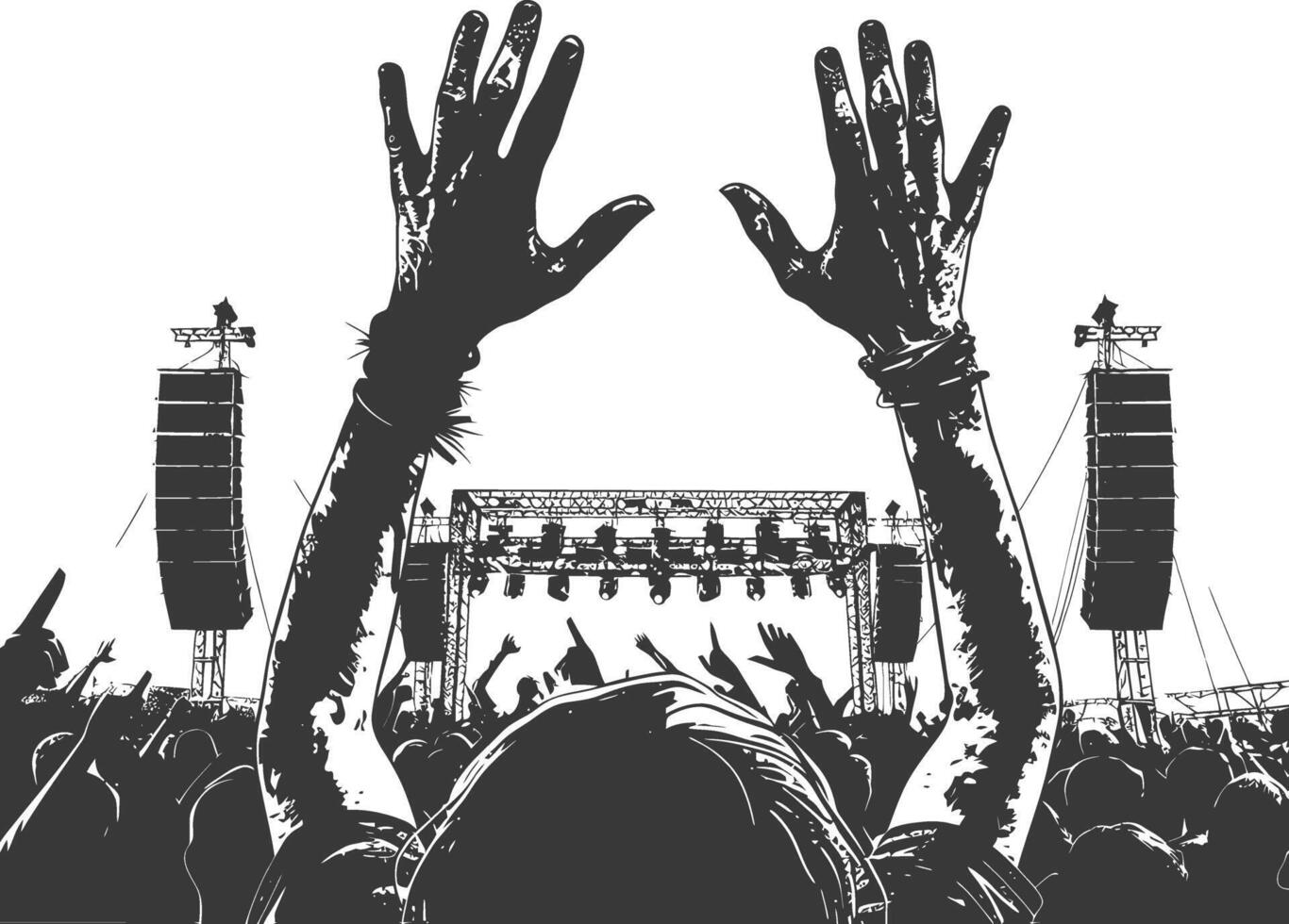 AI generated Silhouette hands raised at a music festival black color only vector