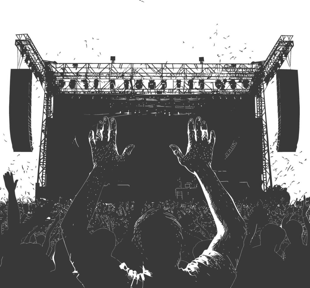 AI generated Silhouette hands raised at a music festival black color only vector