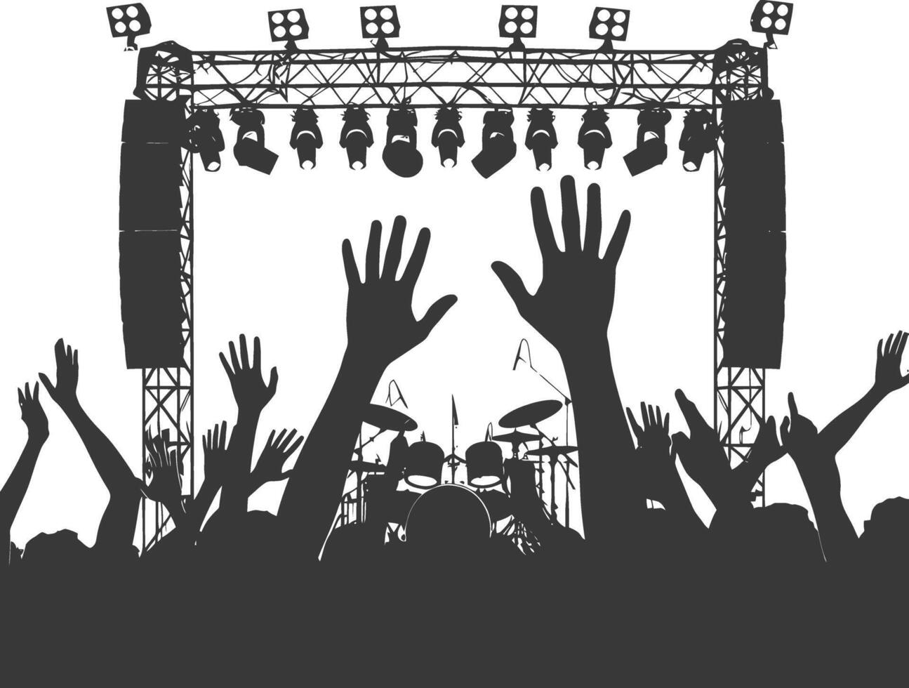 AI generated Silhouette hands raised at a music festival black color only vector