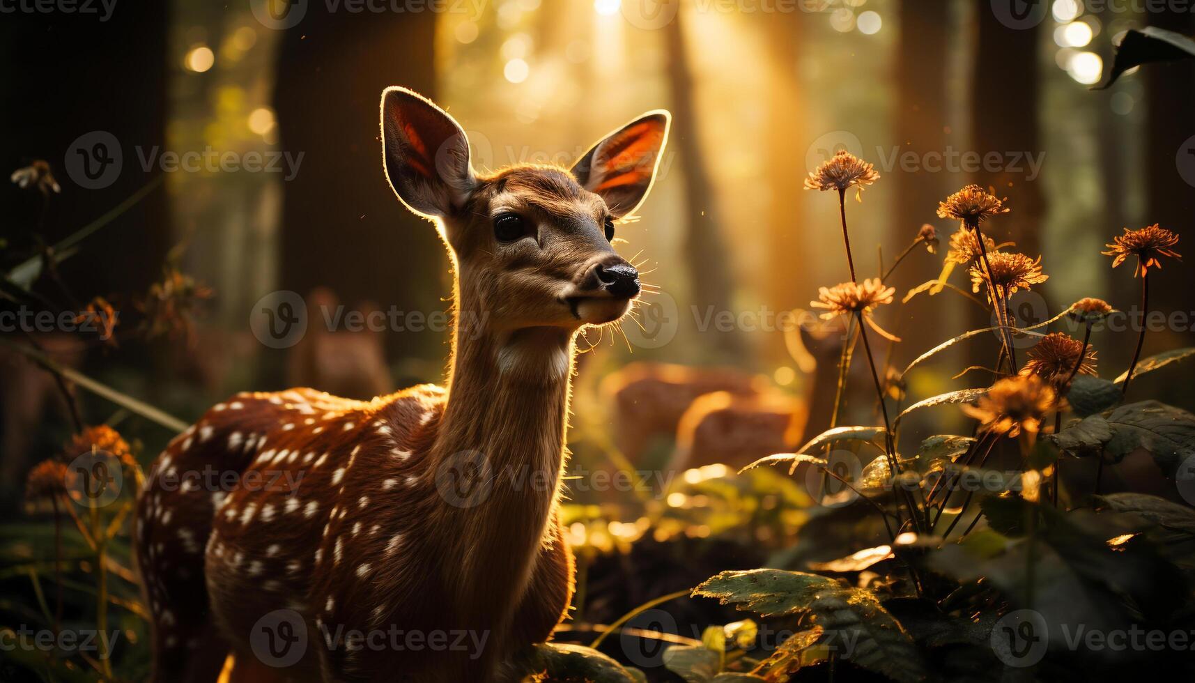 AI generated Cute deer in the meadow, looking at camera, peaceful nature generated by AI photo