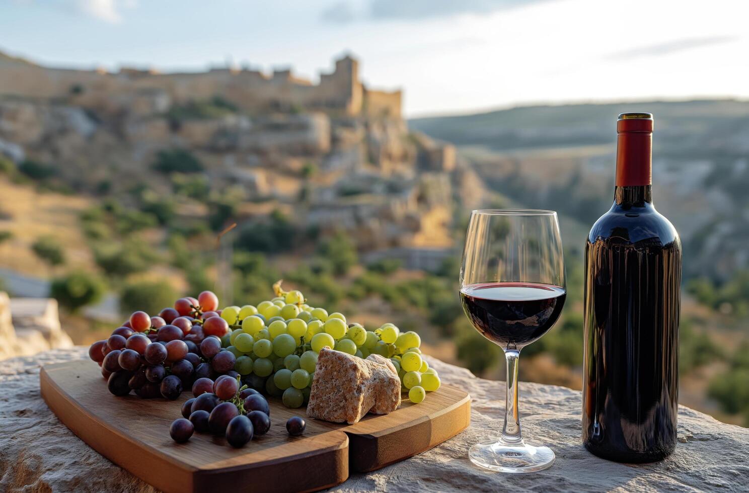 AI generated Wine tasting with historic backdrop photo