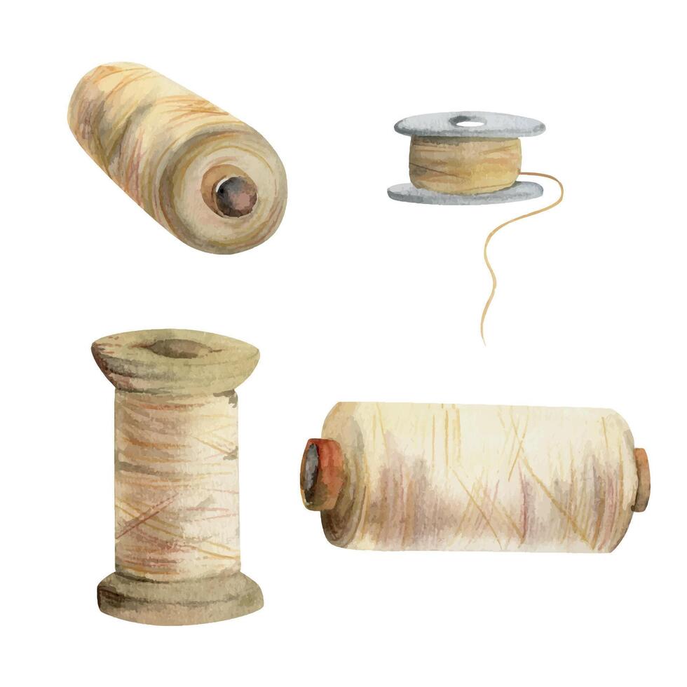 Hand drawn watercolor illustration sewing craft embroidery stitching supplies. Thread bobbins spools skeins yarn. Set of objects isolated on white background. Design atelier, tailor, hobby shop vector