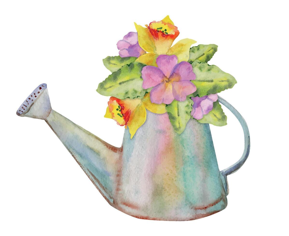 Hand drawn watercolor illustration spring gardening tools, metal watering can with flowers buds leaves. Composition isolated on white background. Design print, shop, scrapbooking, packaging, decoupage vector