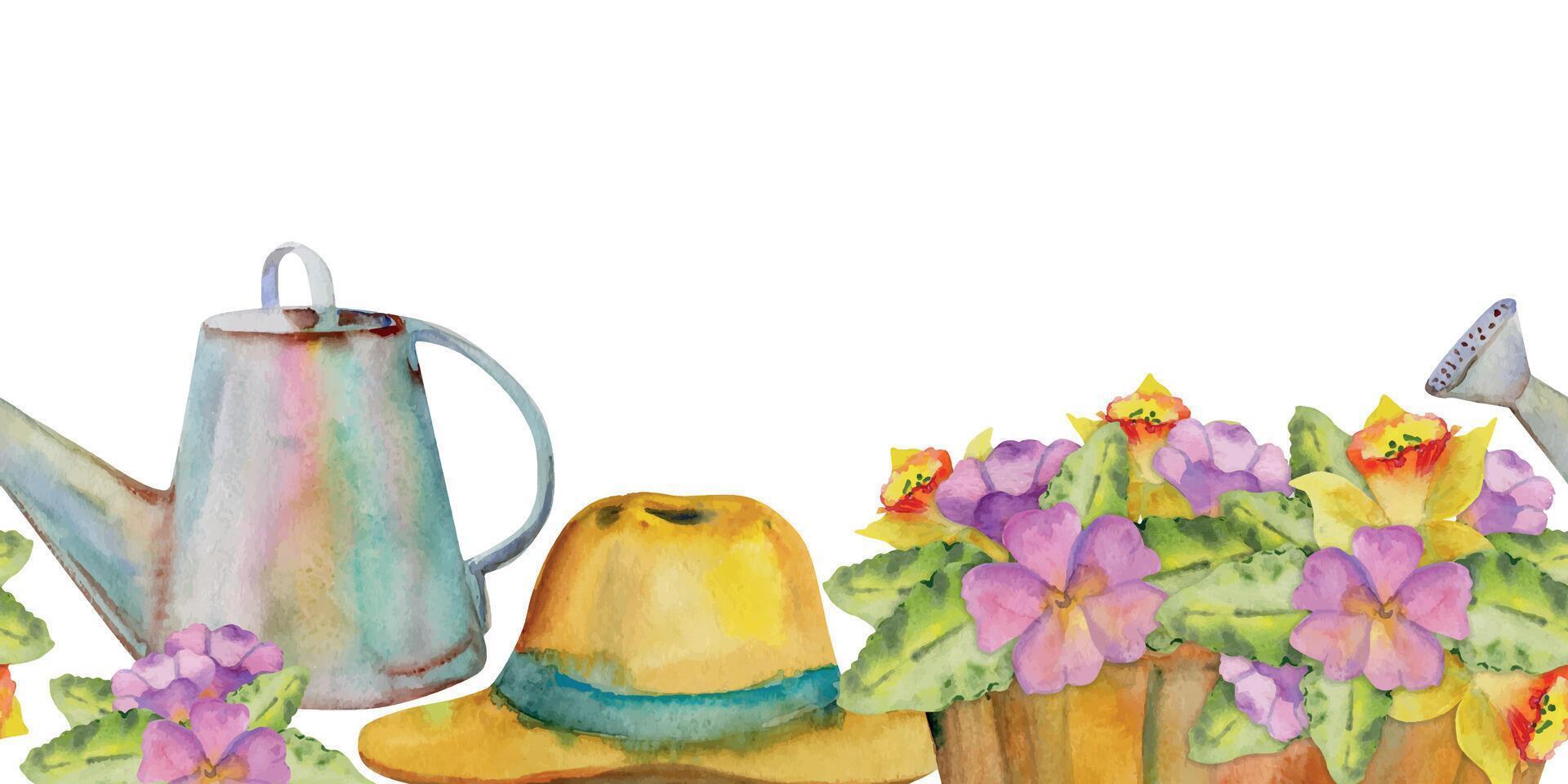 Hand drawn watercolor illustration spring gardening flowerbed watering can sun hat primula leaves. Seamless banner isolated on white background. Design print, shop, scrapbooking, packaging, wallpaper vector