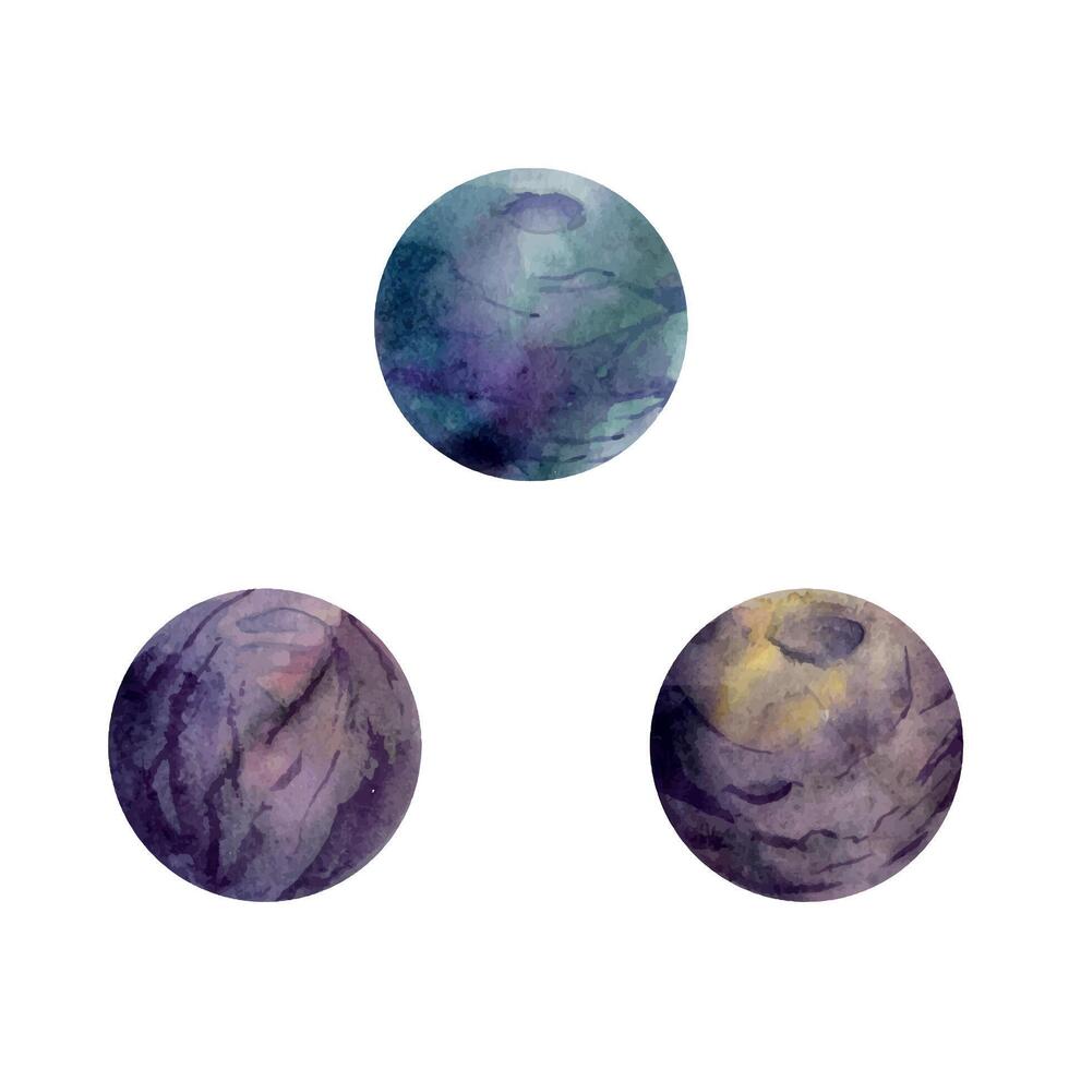 Hand drawn watercolor illustration precious semiprecious jewel gem crystal chakra birth stone. Amethyst fluorite purple. Set of objects isolated white background. Design print, shop, jewelry, fashion vector