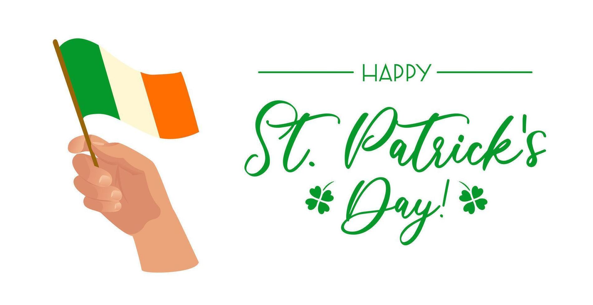 Happy St. Patricks Day horizontal banner. Hand with the flag of Ireland. Four leaf clover, symbol of good luck. Religious traditions. For banner, website, poster, flyer vector