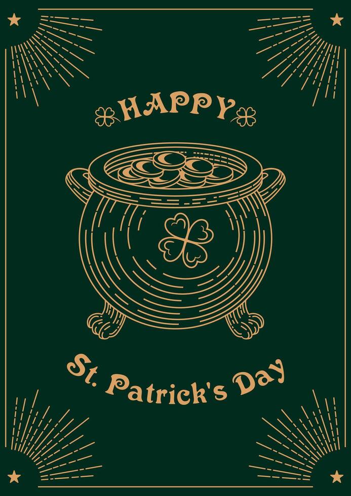 Happy St. Patricks Day banner. Four leaf clover, good luck. Leprechauns gold cauldron. Vintage lettering, retro illustration. Magic, religious traditions. For banner, website, poster, flyer. vector