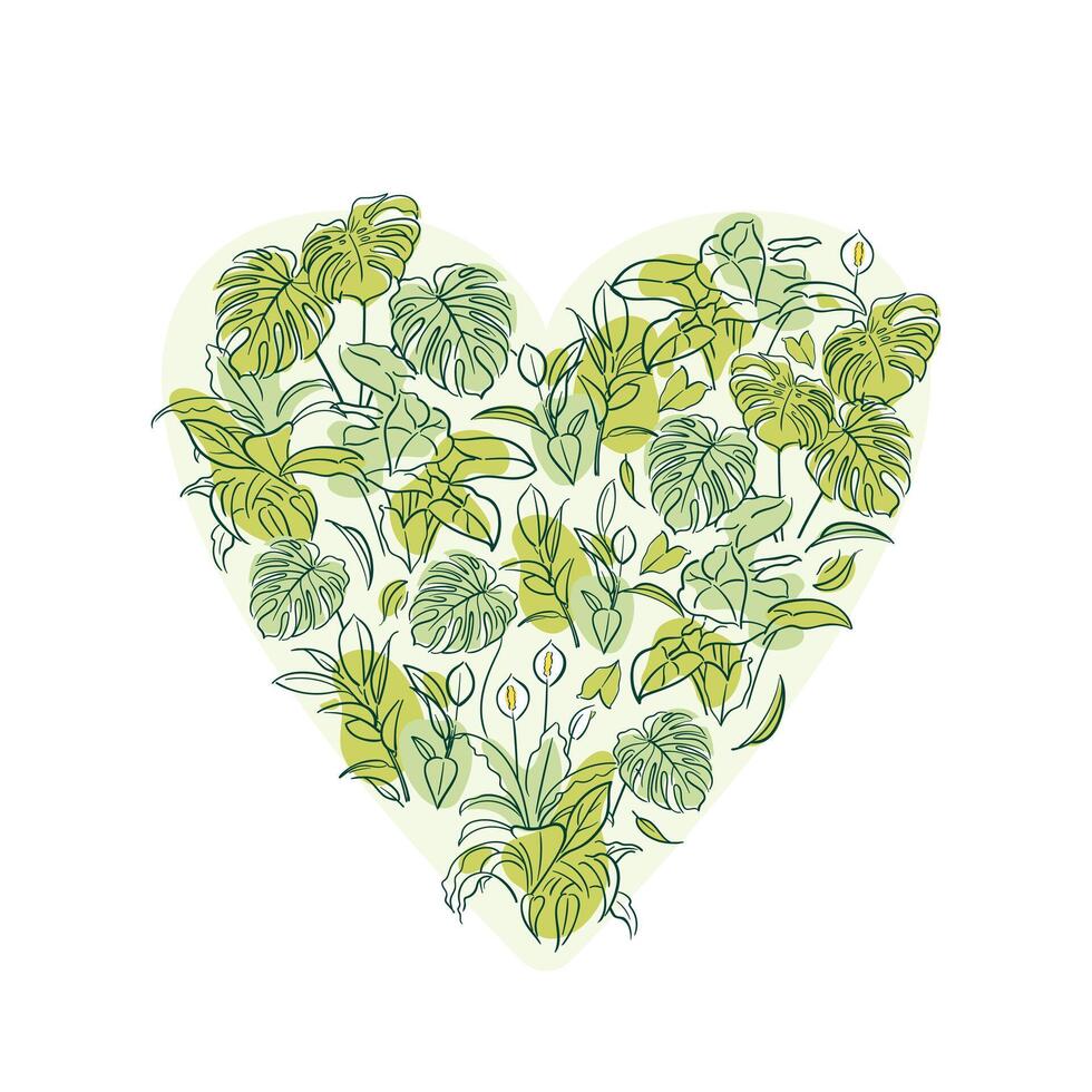 Heart made of exotic plants. Tropical jungle, untouched forest. Home floriculture, house plants, hobby. Nature lovers concept. Ficus, Syngonium, Monstera, Spathiphyllum. Outline illustrations. vector
