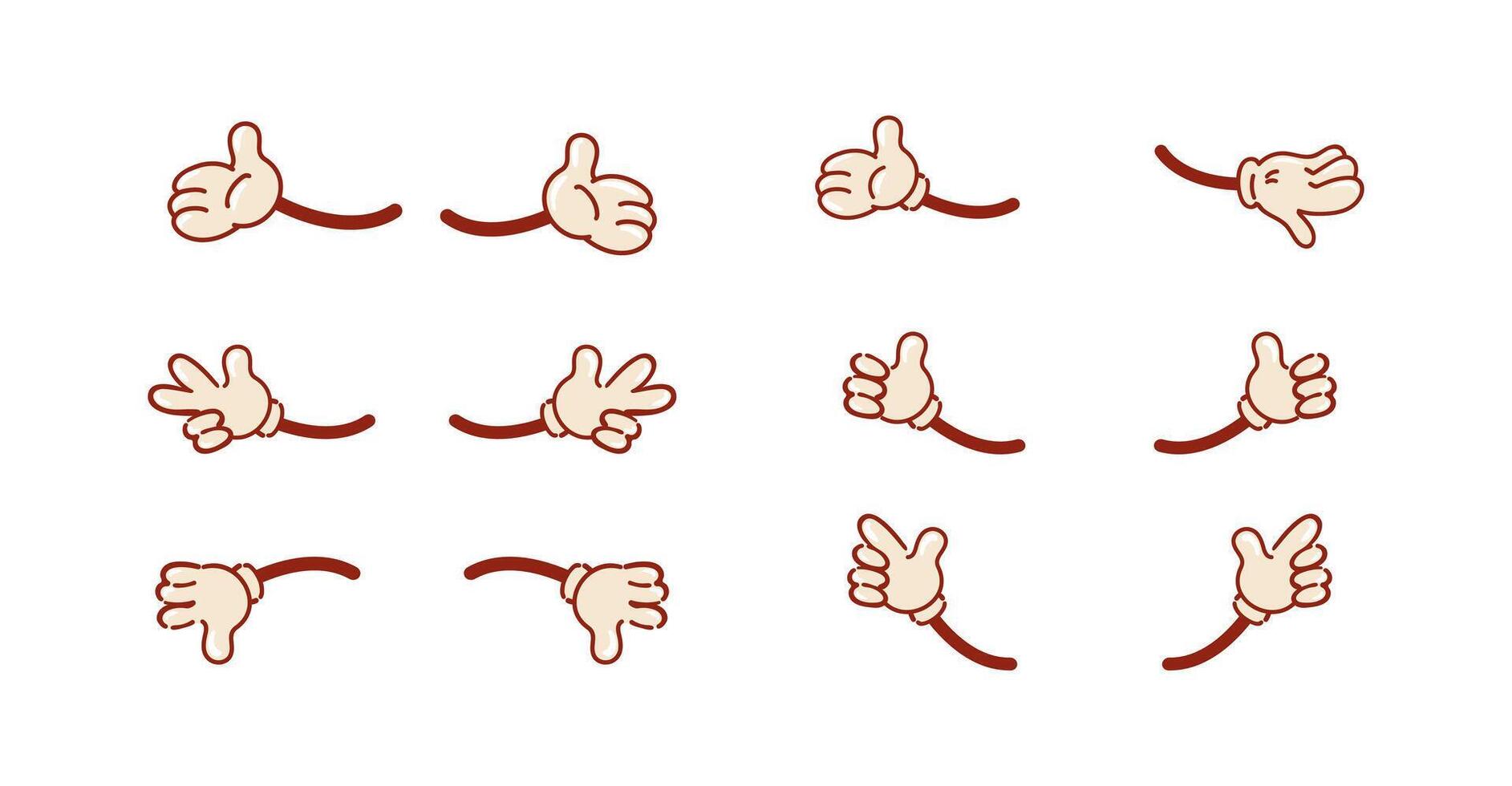 Set of vintage hand gestures for a character. Retro cartoon style. Like, peace, open palm. For stickers, design elements. Cartoon human palms and wrist. Emoji for messengers vector