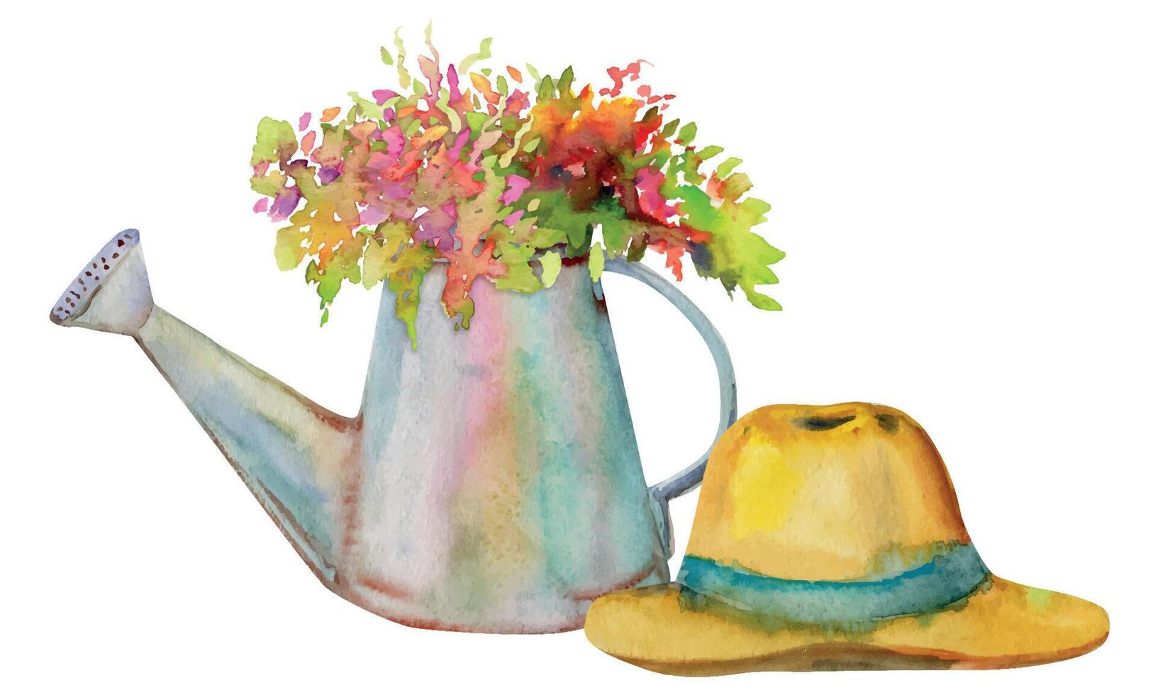 Hand drawn watercolor illustration spring gardening, metal watering can and straw hat with flowers buds leaves. Composition isolated on white background. Design print, shop, scrapbooking, packaging vector