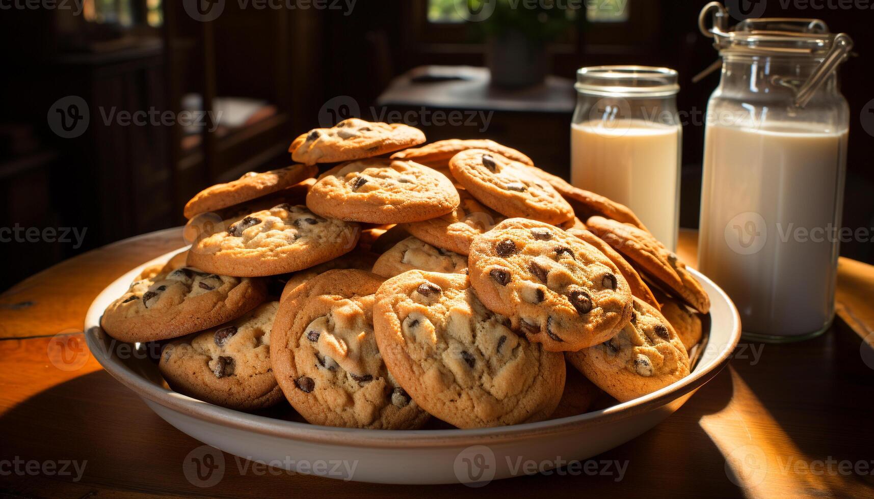 AI generated A stack of homemade chocolate chip cookies on a rustic table generated by AI photo