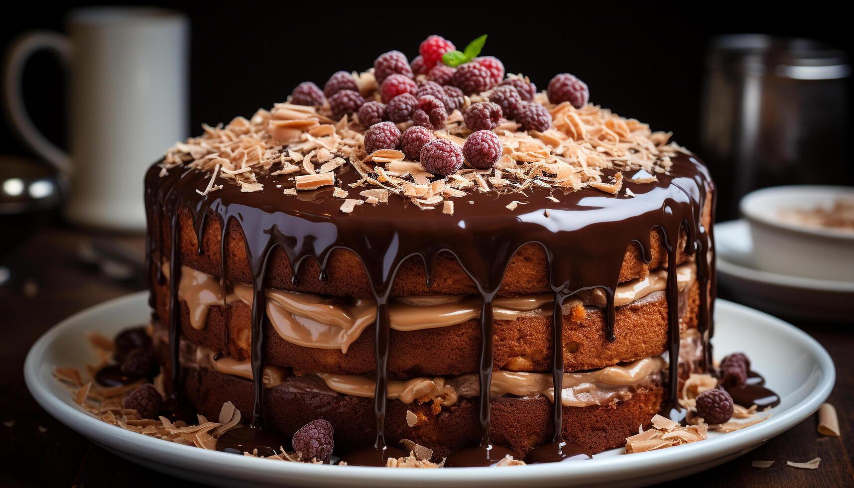 AI generated A decadent chocolate cake on a wooden table, pure indulgence generated by AI photo
