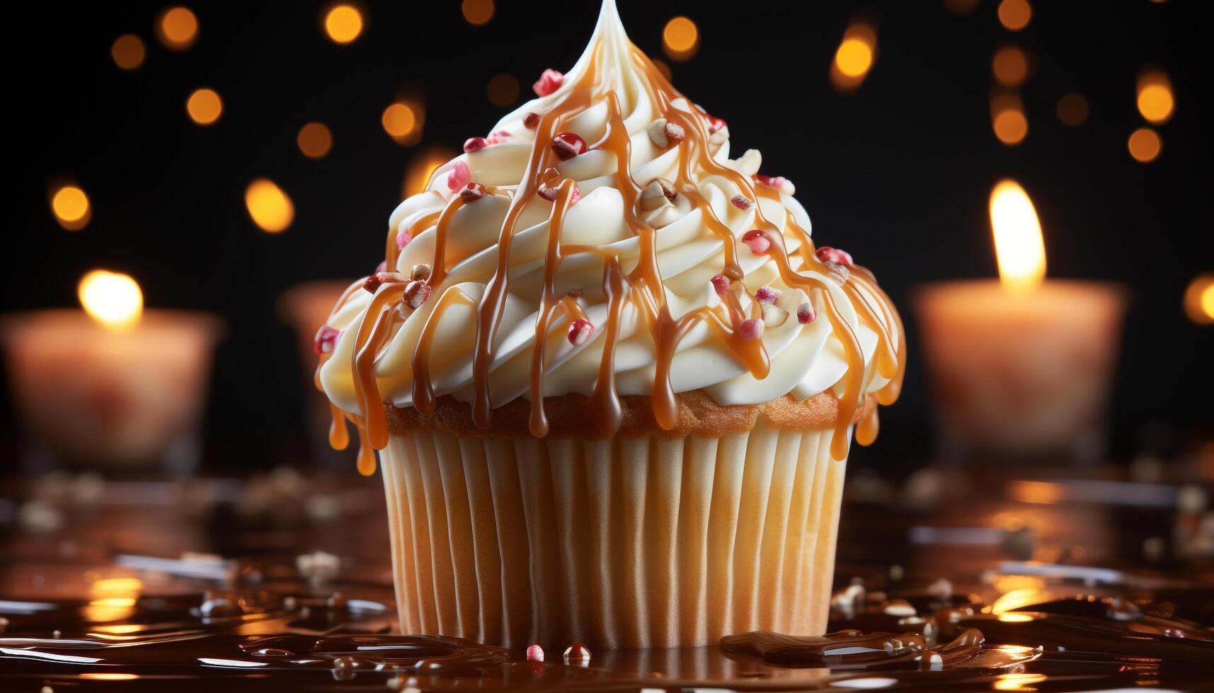 AI generated Indulgent homemade chocolate cupcake with creamy icing and candle flame generated by AI photo