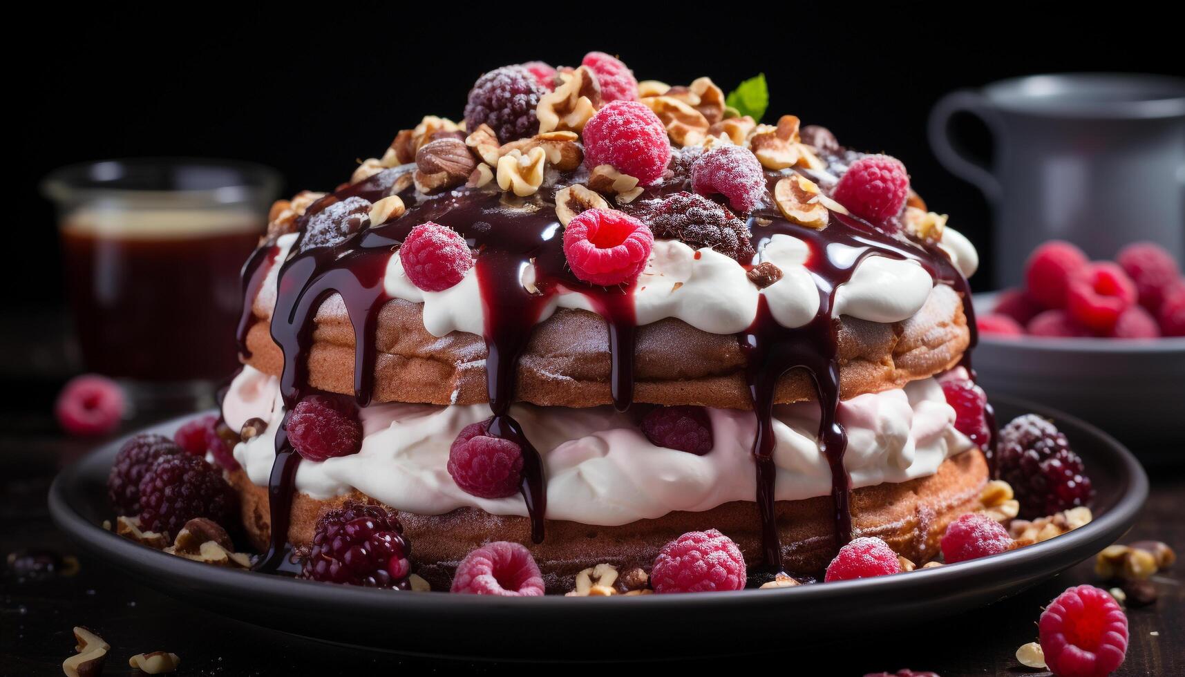 AI generated Freshness and indulgence on a rustic table, homemade berry dessert generated by AI photo