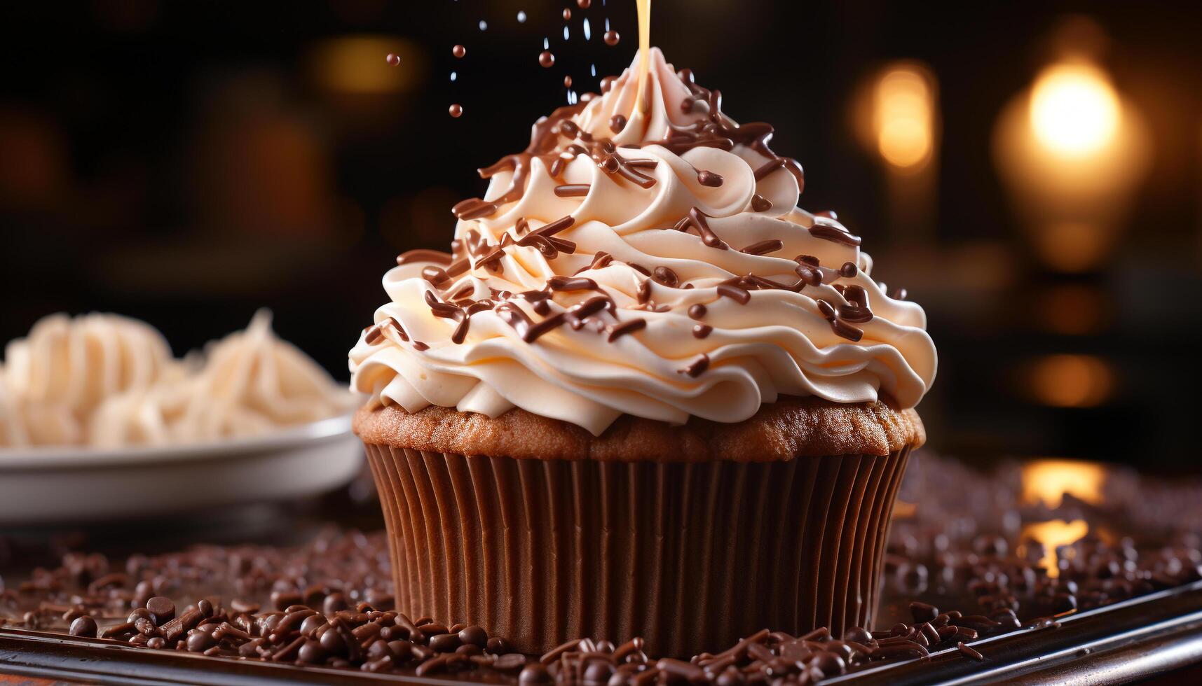AI generated Freshly baked chocolate cupcake with creamy icing and decorative sprinkles generated by AI photo