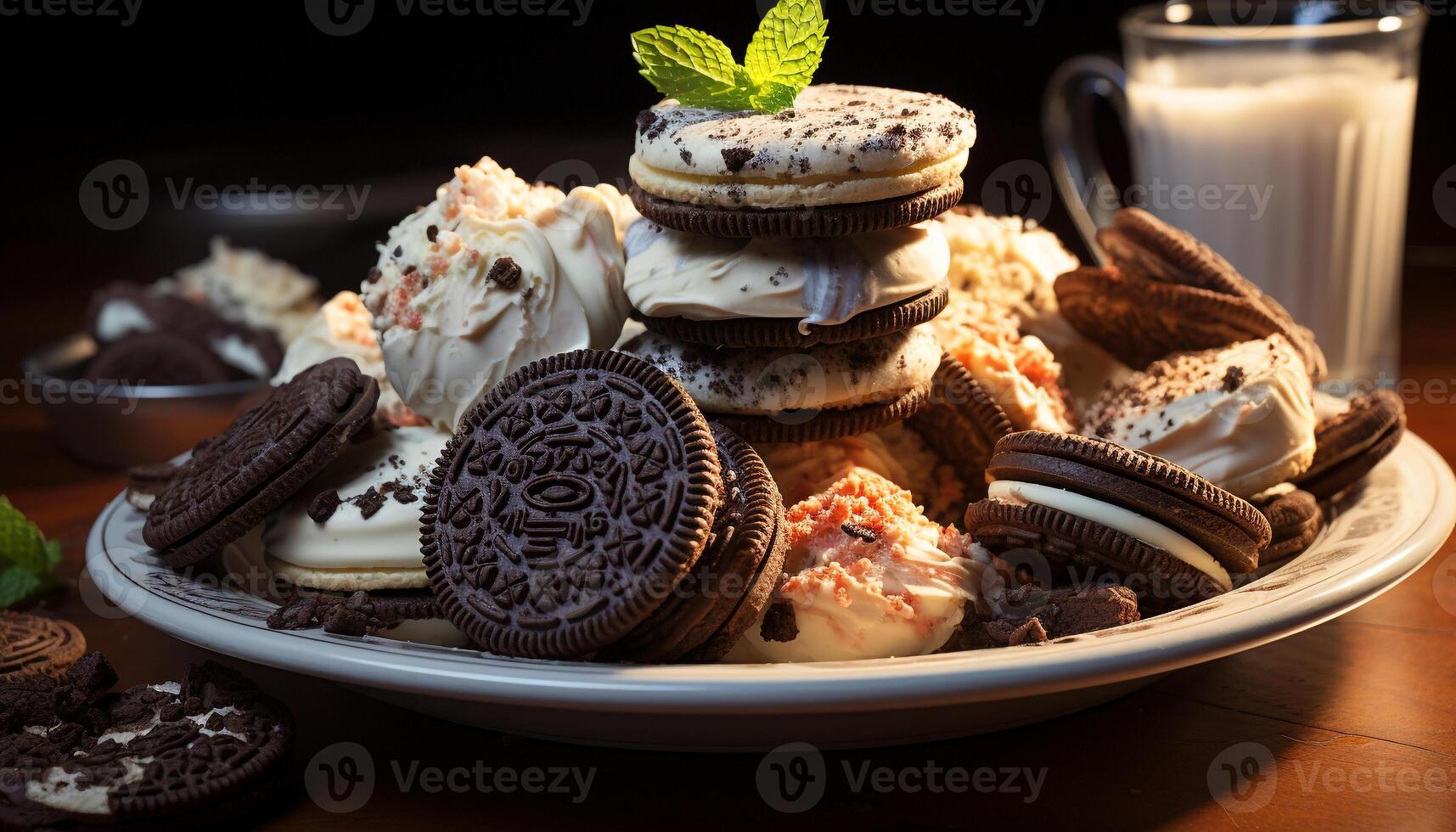 AI generated Indulgent homemade chocolate chip cookie on a rustic wooden plate generated by AI photo