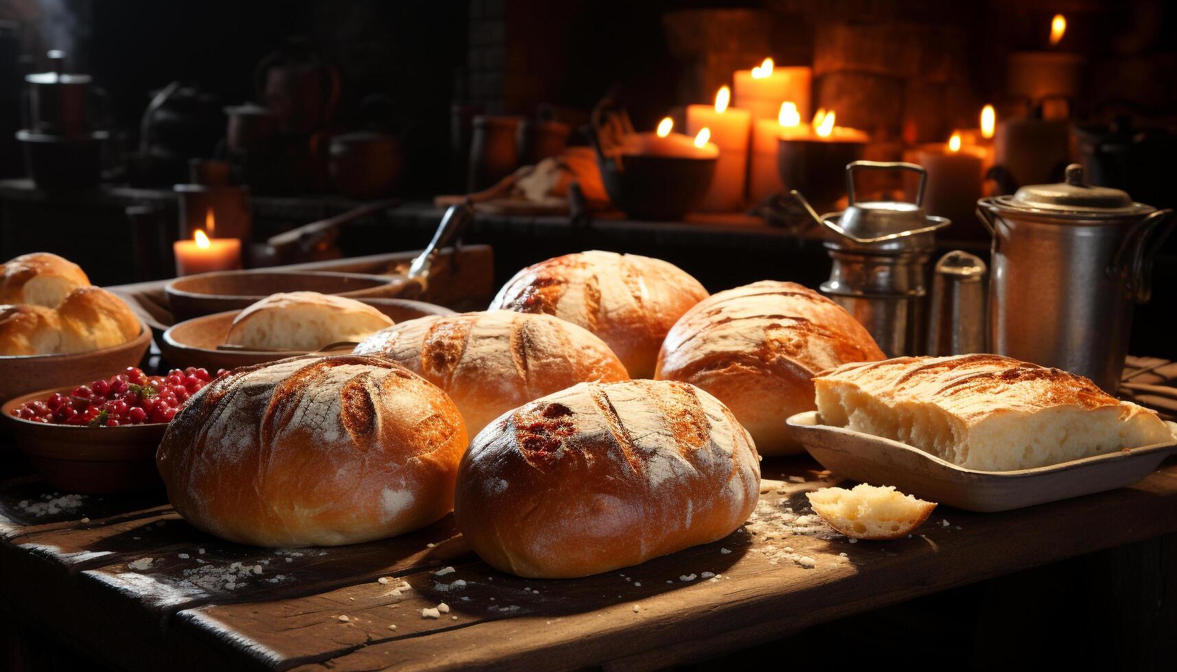 AI generated Freshly baked bread on a wooden table, a homemade gourmet delight generated by AI photo