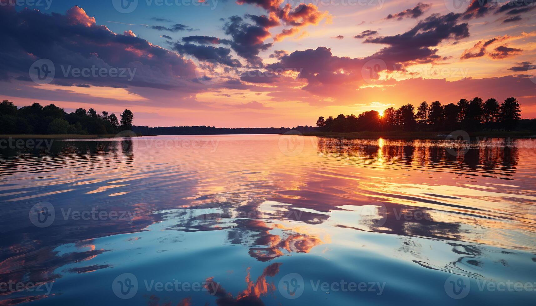 AI generated Sunset reflects on tranquil pond, nature beauty in vibrant colors generated by AI photo