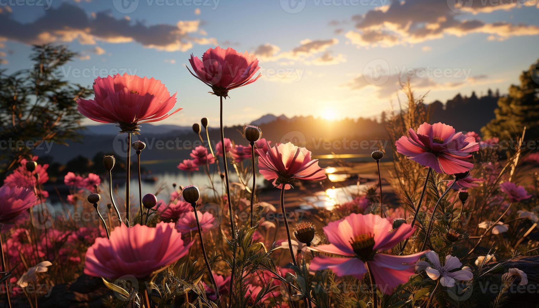 AI generated Nature beauty in a meadow  sunset, flowers, and vibrant colors generated by AI photo