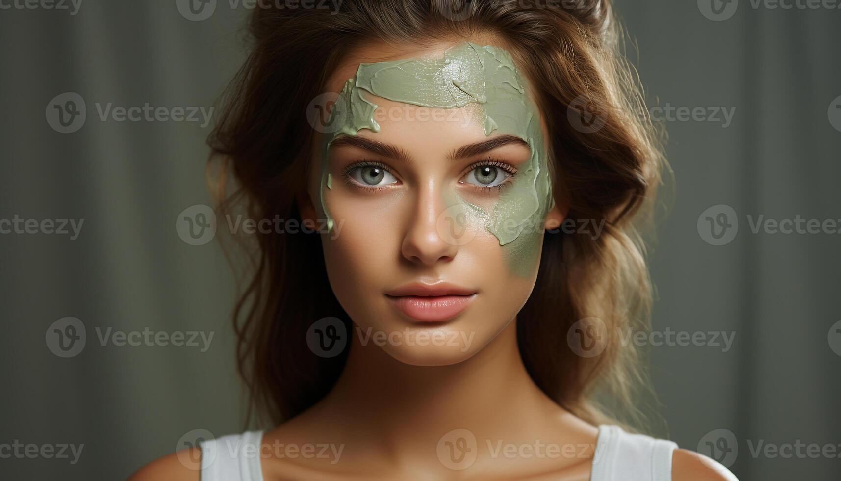 AI generated Beautiful woman applying facial mask, looking at camera with smile generated by AI photo