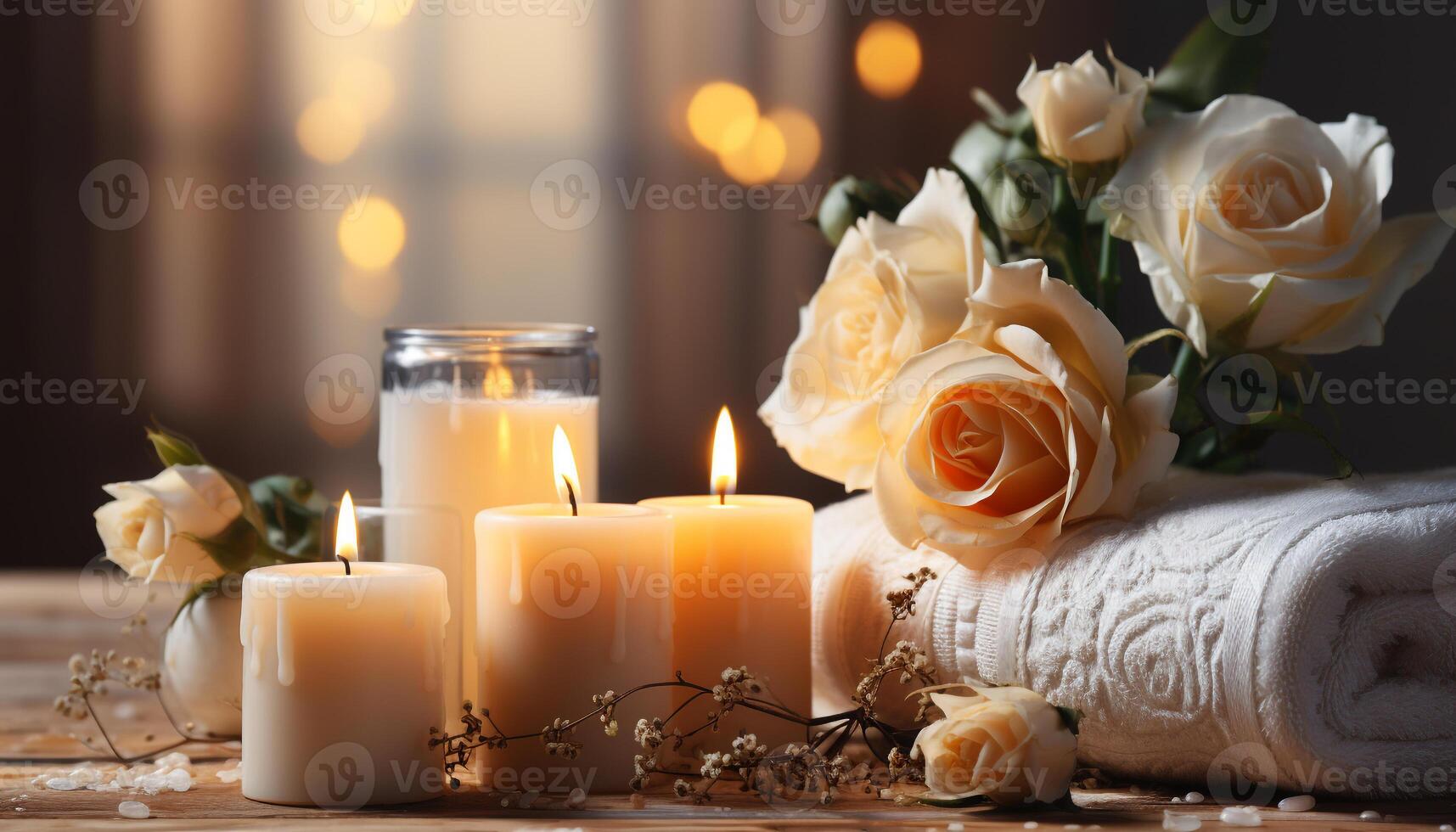 AI generated Luxury candlelight, relaxation, nature beauty, burning bouquet, scented elegance generated by AI photo