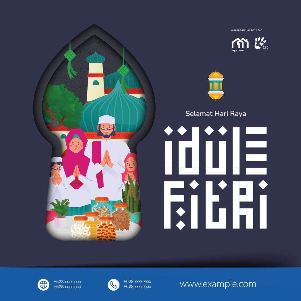 Selamat Idul Fitri, translation Happy Eid Al Fitr with Flat design moslem family illustration vector