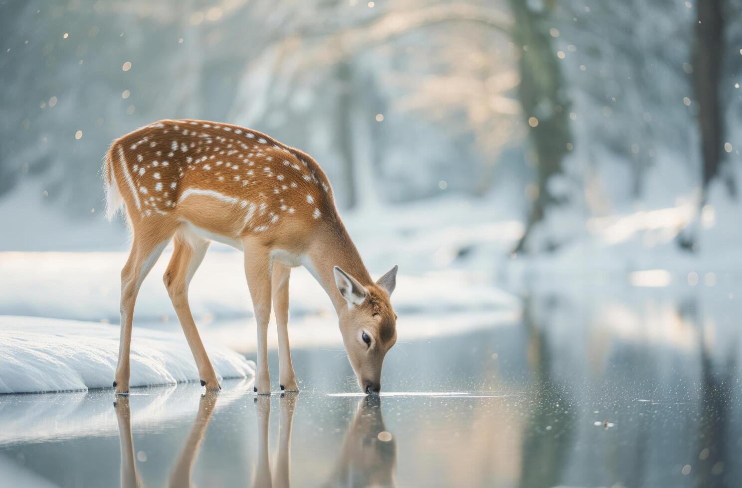 AI generated Spotted deer at icy lake photo