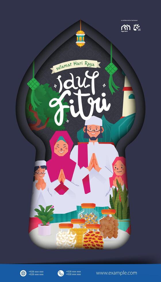 Selamat Idul Fitri, translation Happy Eid Al Fitr with Flat design moslem family illustration vector