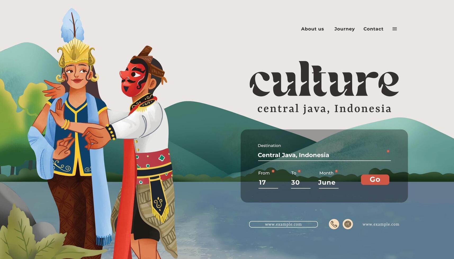 Landing Page tourism event layout with indonesian culture Lengger dance illustration vector