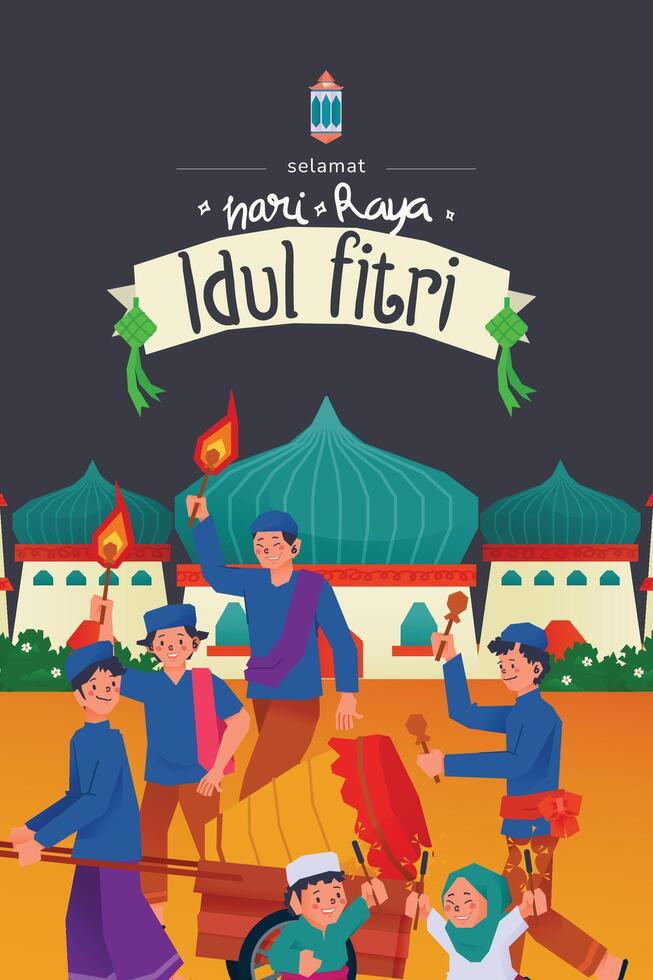 Malam Takbiran, translation Eid Fitr eve culture in Indonesia illustration vector