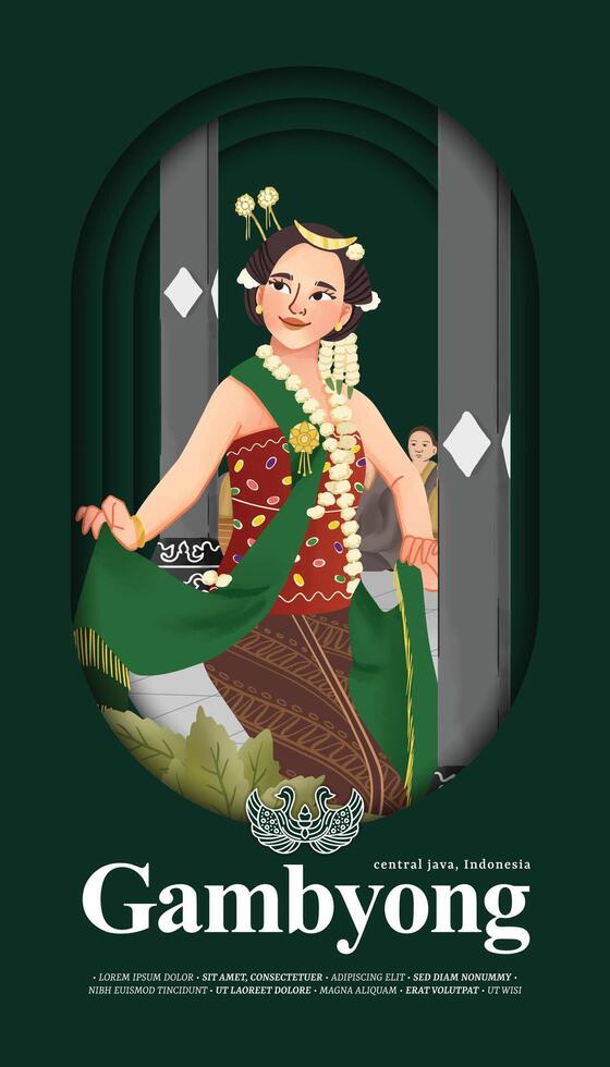 Social Media post idea with Indonesia Gambyong dancer illustration cell shaded style vector