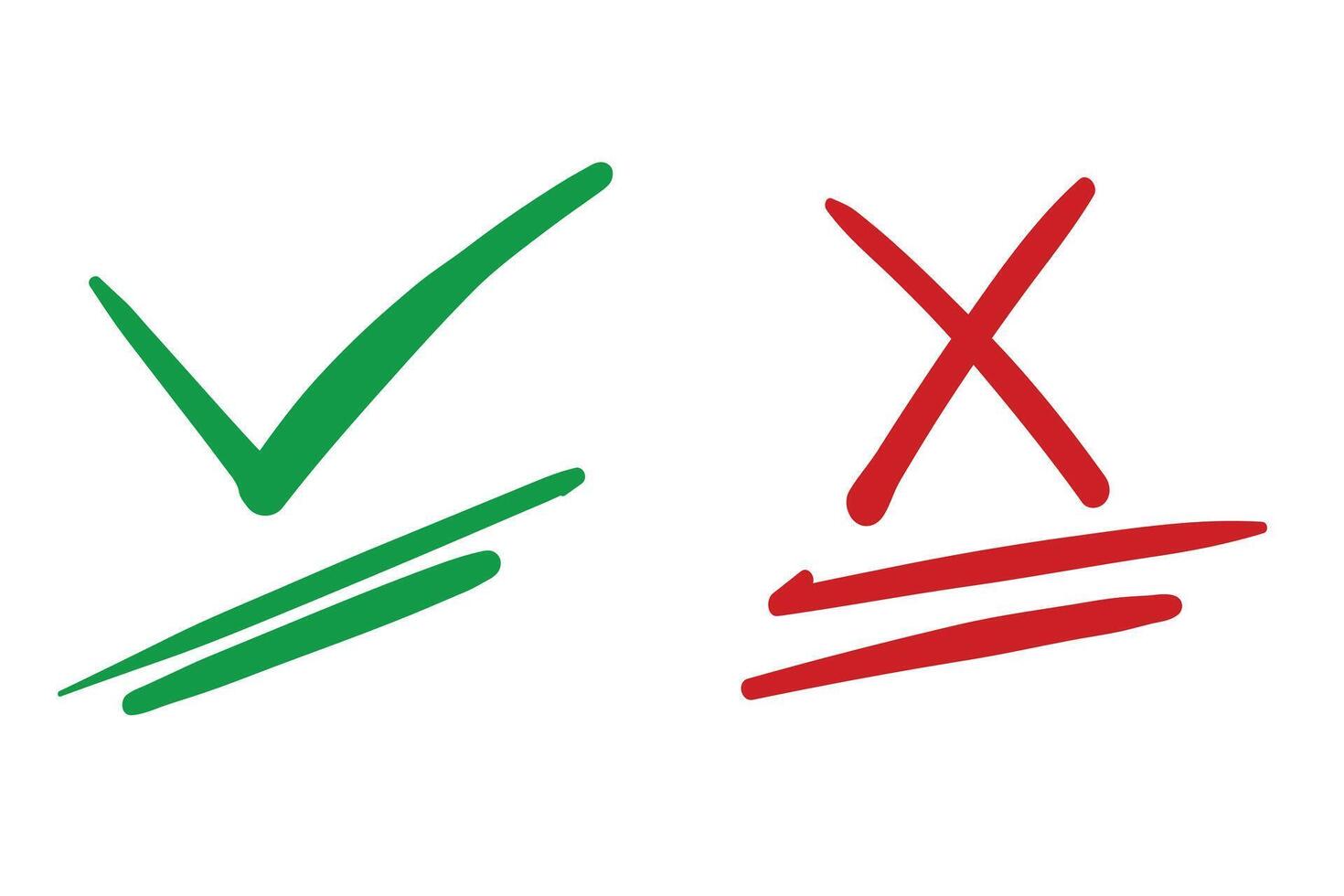 mano dibujado conjunto de mano dibujado verde cheque marca y rojo cruzar marca aislado vector ilustración.