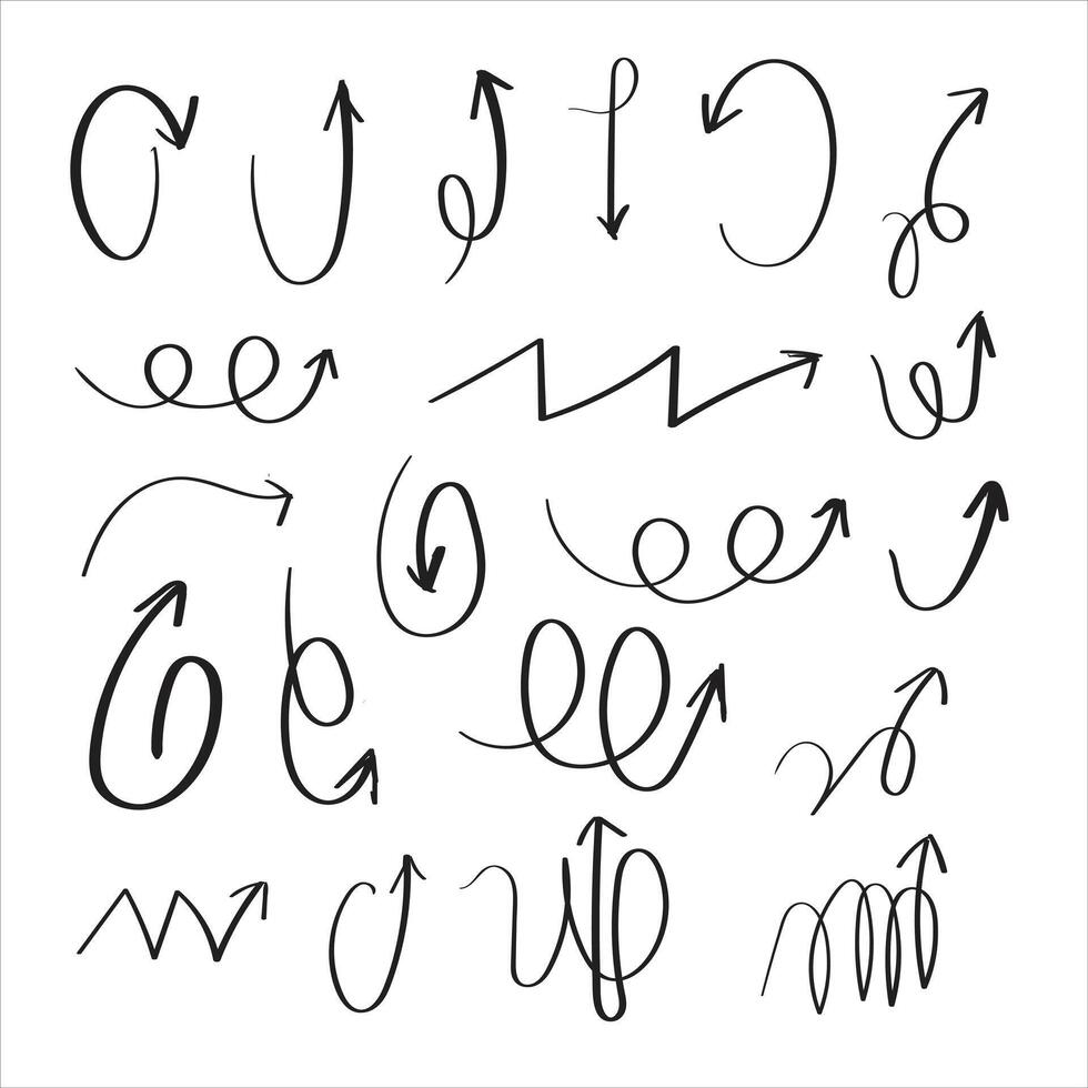 Vector illustration isolated on white background.  Hand drawn arrows. Set of hand drawn arrows. Vector illustration. Set of hand drawn arrows.